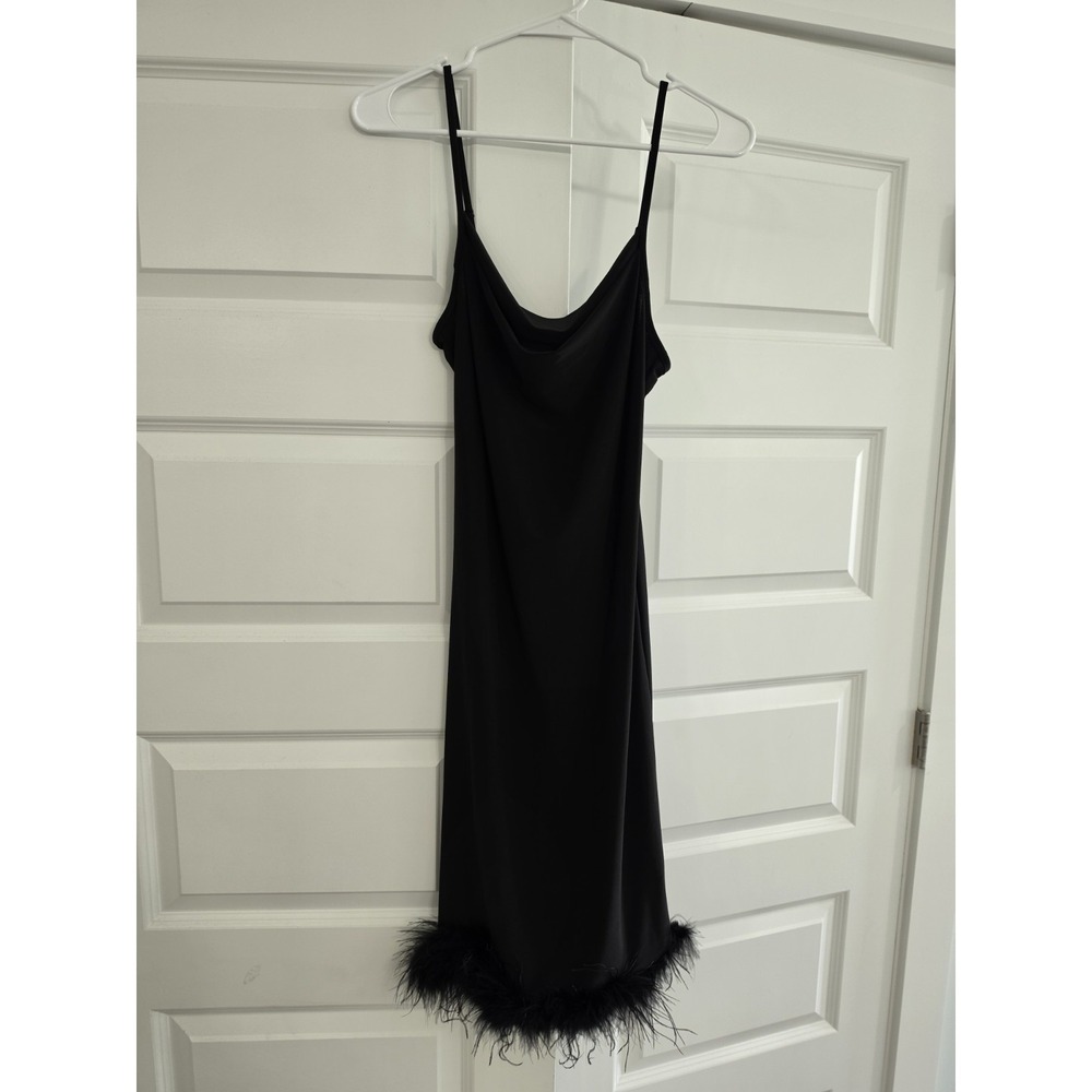 bebe Y2K Black Slip Dress Feather Hem Mini Size Small Baddie Club Paris Hilton